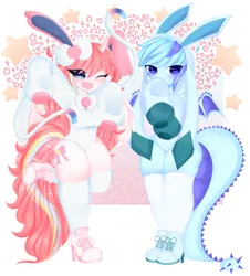 Size: 7449x8255 | Tagged: safe, artist:franshushu, derpibooru import, oc, oc:nekonin, oc:sky gamer, unofficial characters only, anthro, glaceon, sylveon, unicorn, commission, image, png, pokémon, simple background, white background