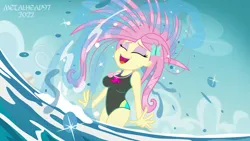 Size: 1280x720 | Tagged: safe, artist:metalhead97, derpibooru import, fluttershy, ocean flow, equestria girls, equestria girls series, bikini, breasts, busty fluttershy, clothes, enjoying, eyes closed, female, hair, hair flip, image, jewelry, messy hair, necklace, ocean, png, show accurate, smiling, solo, solo focus, swimsuit, water, wet