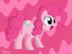 Size: 1024x765 | Tagged: safe, artist:thebrokencog, derpibooru import, pinkie pie, earth pony, pony, abstract background, eyelashes, female, g4, image, jpeg, mare, open mouth, open smile, pink background, simple background, smiling, standing