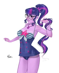 Size: 3200x4000 | Tagged: suggestive, artist:joe pekar, derpibooru import, part of a set, sci-twi, twilight sparkle, equestria girls, equestria girls series, forgotten friendship, clothes, female, geode of telekinesis, glasses, high res, image, jpeg, magical geodes, playing with hair, ponytail, sci-twi swimsuit, simple background, smiling, swimsuit