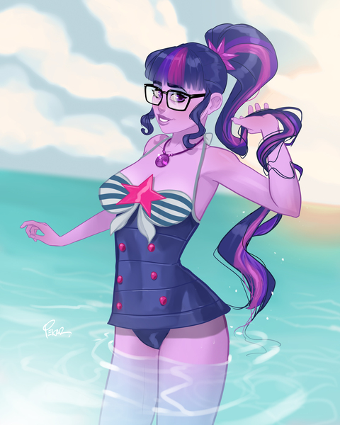 Size: 3200x4000 | Tagged: suggestive, artist:joe pekar, derpibooru import, part of a set, sci-twi, twilight sparkle, equestria girls, equestria girls series, forgotten friendship, clothes, female, geode of telekinesis, glasses, high res, image, jpeg, looking at you, magical geodes, ocean, playing with hair, ponytail, sci-twi swimsuit, smiling, solo, swimsuit, water