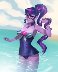 Size: 3200x4000 | Tagged: suggestive, artist:joe pekar, derpibooru import, part of a set, sci-twi, twilight sparkle, equestria girls, equestria girls series, forgotten friendship, clothes, female, geode of telekinesis, glasses, high res, image, jpeg, looking at you, magical geodes, ocean, playing with hair, ponytail, sci-twi swimsuit, smiling, solo, swimsuit, water