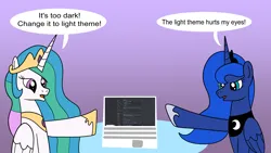 Size: 1920x1080 | Tagged: safe, artist:platinumdrop, derpibooru import, princess celestia, princess luna, computer, dialogue, image, laptop computer, png, request, speech bubble