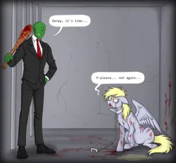 Size: 1460x1350 | Tagged: grimdark, artist:mechanakal, derpibooru import, derpy hooves, oc, oc:anon, human, pegasus, pony, abuse, beaten up, blood, blood stains, bruised, business suit, chained, chains, clothes, club (weapon), collar, commission, cross-eyed, crying, cut, derpibooru exclusive, derpybuse, duo, fear, female, grin, hand in pocket, hand on hip, image, jail cell, looking at each other, looking at someone, looking up, male, messy mane, open mouth, png, puddle, sitting, smiling, spread wings, standing, stone wall, this will end in tears, urine, wings
