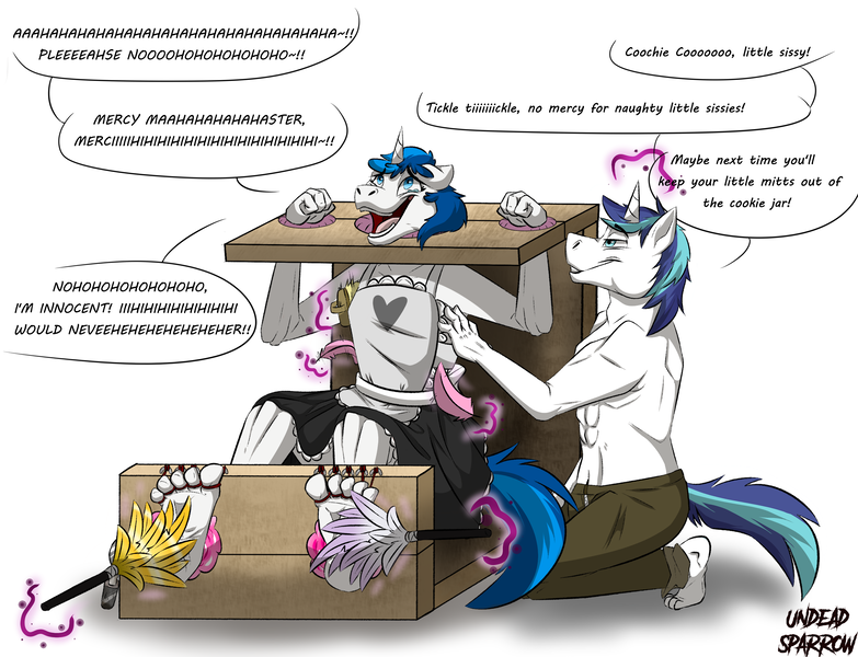 Size: 3000x2300 | Tagged: suggestive, artist:undead_sparrow, ponybooru import, shining armor, oc, oc:feathertrap, anthro, plantigrade anthro, unicorn, apron, armpit tickling, begging, bondage, brush, clothes, commission, crossdressing, dialogue, duster, feather, femboy, finger tickling, foot tickling, image, laughing, magic, maid, male, males only, partial nudity, png, punishment, simple background, sissy, speech bubble, stallions only, stocks, taunting, teasing, telekinesis, text, tickle torture, tickletober 2022, tickling, topless