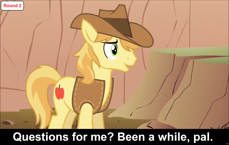 Size: 1920x1214 | Tagged: safe, derpibooru import, edit, edited screencap, screencap, braeburn, earth pony, pony, comic:celestia's servant interview, over a barrel, caption, clothes, cs captions, hat, image, image macro, interview, male, png, solo, stallion, text, vest