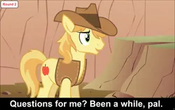 Size: 1920x1214 | Tagged: safe, derpibooru import, edit, edited screencap, screencap, braeburn, earth pony, pony, comic:celestia's servant interview, over a barrel, caption, clothes, cs captions, hat, image, image macro, interview, male, png, solo, stallion, text, vest