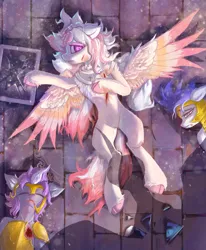 Size: 2443x2969 | Tagged: semi-grimdark, artist:thicksun, derpibooru import, nightmare moon, oc, oc:glittering silver, pegasus, pony, blood, fear, female, image, implied death, injured, lying down, mare, on back, png