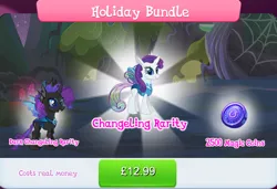Size: 1259x861 | Tagged: safe, derpibooru import, official, rarity, changedling, changeling, bundle, changelingified, costs real money, english, female, gameloft, horn, image, insect wings, jpeg, magic coins, numbers, rariling, sale, species swap, text, wings