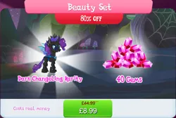 Size: 1275x857 | Tagged: safe, derpibooru import, official, rarity, changeling, bundle, changelingified, costs real money, english, female, gameloft, gem, horn, image, insect wings, jpeg, numbers, rariling, sale, species swap, text, wings