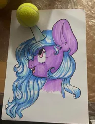 Size: 640x833 | Tagged: safe, artist:kreeeeeez, derpibooru import, izzy moonbow, pony, unicorn, ball, bust, colored horn, female, g5, horn, image, izzy's tennis ball, jpeg, mare, meta, portrait, solo, tennis ball, traditional art, twitter