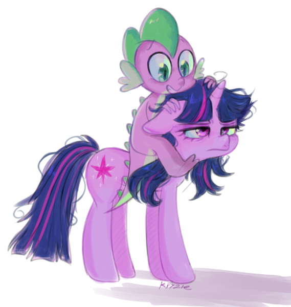 Size: 640x675 | Tagged: safe, artist:kreeeeeez, derpibooru import, spike, twilight sparkle, dragon, pony, unicorn, cute, dragons riding ponies, duo, duo male and female, female, image, male, mare, messy mane, png, reddit, riding, riding a pony, shadow, signature, simple background, spikabetes, tired, twiabetes, unicorn twilight, varying degrees of want, white background