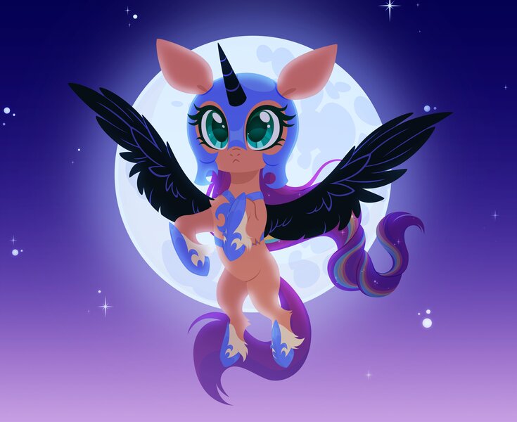 Size: 3673x3000 | Tagged: safe, artist:belka-sempai, derpibooru import, sunny starscout, pony, clothes, costume, fake horn, fake wings, female, flying, g5, image, jpeg, mare, moon, nightmare moon armor, nightmare night costume, nightmare sunny, solo