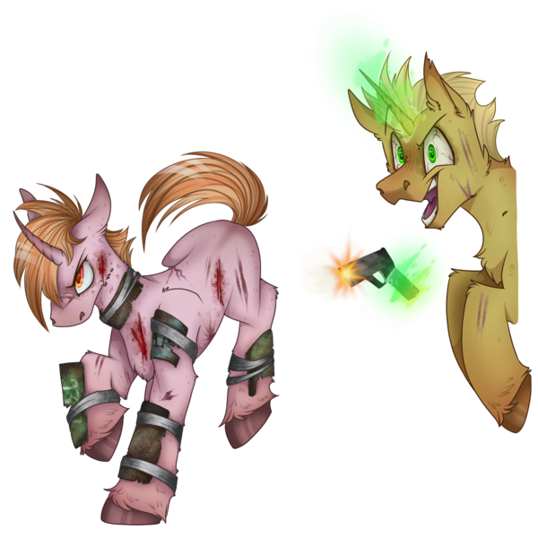 Size: 2300x2300 | Tagged: semi-grimdark, artist:molars, derpibooru import, oc, unnamed oc, unofficial characters only, unicorn, fallout equestria, armor, ashes town, background character, blood, bust, commission, cut, duo, full body, gun, image, levitation, magic, muzzle flash, pink fur, png, raiders, scar, simple background, telekinesis, transparent background, two tone magic, unshorn fetlocks, weapon