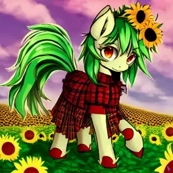 Size: 1024x1024 | Tagged: safe, artist:imperishablneet, derpibooru import, ponified, pony, clothes, crossover, dress, female, fields, flower, flower in hair, image, jpeg, kazami yuuka, mare, solo, sunflower, touhou