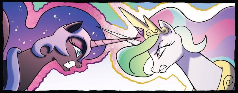 Size: 1334x525 | Tagged: safe, artist:tonyfleecs, derpibooru import, idw, nightmare moon, princess celestia, alicorn, pony, fiendship is magic, spoiler:comic, crossed horns, duo, female, g4, horn, horns are touching, image, jpeg, mare
