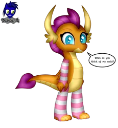 Size: 3840x4154 | Tagged: safe, alternate version, artist:damlanil, derpibooru import, smolder, dragon, arm warmers, bipedal, clothes, comic, cute, dragon wings, dragoness, eyelashes, female, happy, horns, image, looking at you, png, show accurate, simple background, smiling, smolderbetes, socks, solo, speech bubble, standing, striped socks, text, transparent background, vector, wings