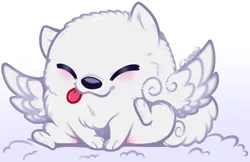 Size: 616x400 | Tagged: safe, artist:esmeia, derpibooru import, cloudpuff, dog, pomeranian, cloud, cloudbetes, cute, eyes closed, fluffy, flying pomeranian, g5, image, male, png, scratching, solo, tongue out, winged dog, wings