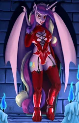 Size: 1218x1892 | Tagged: semi-grimdark, suggestive, artist:quakehoof, derpibooru import, princess cadance, anthro, undead, unguligrade anthro, vampire, vampony, series:elements of nightfall, alternate cutie mark, bondage, bondage cuffs, bondage gear, boots, breasts, busty princess cadance, candle, clothes, cuffs, evening gloves, fangs, garters, gloves, image, latex, lingerie, long gloves, looking at you, png, sexy outfit, shoes, sultry pose, thigh boots
