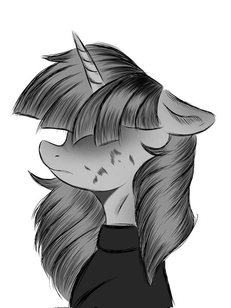 Size: 1536x2048 | Tagged: safe, artist:kusturbrick, derpibooru import, twilight sparkle, alicorn, pony, clothes, dead inside, female, floppy ears, hair covering face, hidden eyes, horn, image, jpeg, mare, meme, monochrome, sad, scratches, simple background, solo, tokyo ghoul, white background