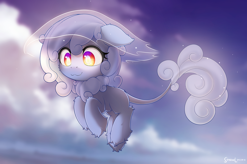Size: 2400x1600 | Tagged: safe, artist:symbianl, derpibooru import, oc, oc:silver sunset, cloud pony, pony, cloud, floating, image, png, silver sunset, solo, white pupils