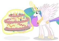 Size: 2896x1992 | Tagged: safe, artist:jp, derpibooru import, princess celestia, alicorn, pony, mlp fim's twelfth anniversary, cake, cakelestia, candle, crown, cute, cutelestia, derpibooru exclusive, female, food, glow, glowing horn, high res, hoof shoes, horn, image, jewelry, levitation, magic, png, regalia, simple background, solo, spread wings, telekinesis, this will end in weight gain, tongue out, transparent background, vector, wings