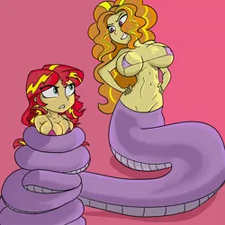 Size: 2048x2048 | Tagged: suggestive, artist:stammis, derpibooru import, adagio dazzle, sunset shimmer, human, lamia, original species, equestria girls, bikini, breasts, busty adagio dazzle, busty sunset shimmer, clothes, coils, grin, gritted teeth, image, jpeg, lamiafied, looking at each other, looking at someone, smiling, species swap, swimsuit, teeth