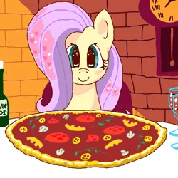 Size: 1000x1000 | Tagged: safe, artist:funkelpone, derpibooru import, fluttershy, pegasus, pony, alcohol, dinner, female, food, image, looking at you, pizza, png, smiling, solo, wine