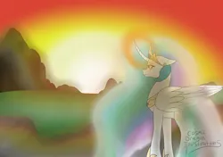 Size: 1700x1200 | Tagged: safe, artist:cosmicdragonkay, derpibooru import, princess celestia, alicorn, pony, crying, curved horn, eyebrows, female, folded wings, g4, glow, glowing horn, horn, image, jpeg, magic, mare, ponytober, sad, solo, sunset, wings