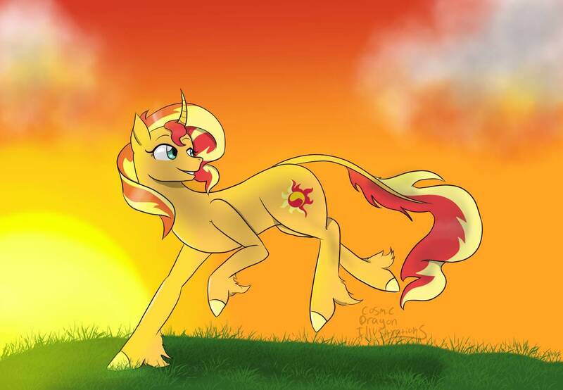 Size: 1300x900 | Tagged: safe, artist:cosmicdragonkay, derpibooru import, sunset shimmer, pony, unicorn, curved horn, horn, image, jpeg, leonine tail, solo, sun, sunset, sunshine shimmer, tail, unshorn fetlocks