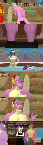 Size: 1920x6480 | Tagged: questionable, artist:papadragon69, derpibooru import, rarity, spike, twilight sparkle, twilight sparkle (alicorn), vinyl scratch, alicorn, anthro, dragon, pony, unicorn, comic:rogue diamond, 3d, bag, beach, breasts, buff spike, busty vinyl scratch, casual nudity, clothed female nude male, comic, dialogue, dollar sign, female, g4, greed spike, hot tub, image, male, mare, money bag, muscles, muscular male, nipples, nudity, older, older spike, parody, png, ponyville spa, practitioner of naturism, scene parody, shipping, source filmmaker, sparity, straight, strategically covered, surfboard, undressing