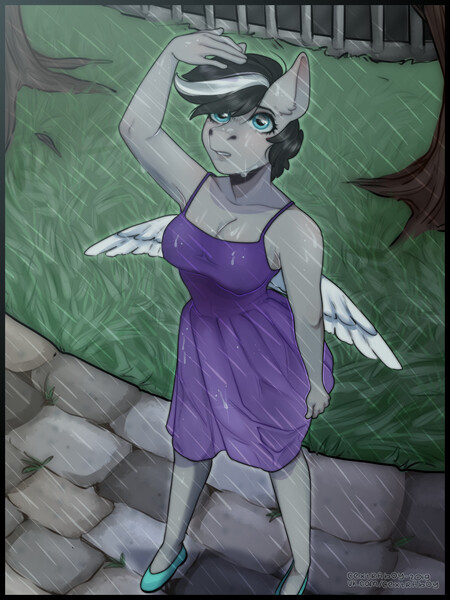 Size: 960x1280 | Tagged: safe, artist:cextraboy, derpibooru import, oc, anthro, pegasus, plantigrade anthro, breasts, clothes, dress, flats, image, jpeg, looking up, outdoors, pegasus oc, rain, shoes, short hair, solo, two toned mane, wings