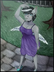 Size: 960x1280 | Tagged: safe, artist:cextraboy, derpibooru import, oc, anthro, pegasus, plantigrade anthro, breasts, clothes, dress, flats, image, jpeg, looking up, outdoors, pegasus oc, rain, shoes, short hair, solo, two toned mane, wings