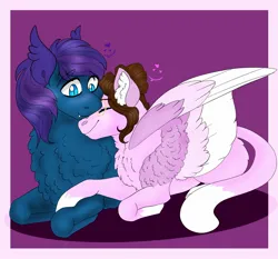 Size: 2048x1905 | Tagged: safe, artist:inisealga, derpibooru import, oc, oc:ash tree, oc:stardust, unofficial characters only, bat pony, cat, cat pony, original species, pony, sphinx, chest fluff, colored wings, cuddling, duo, duo male and female, female, heart, image, jpeg, male, mare, multicolored wings, neck fluff, nuzzling, oc x oc, shipping, sphinx oc, stallion, wing fluff, wings