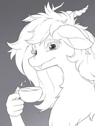 Size: 3000x4000 | Tagged: safe, artist:symbianl, derpibooru import, discord, draconequus, cup, eris, image, jpeg, monochrome, rule 63, solo, teacup