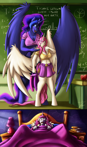 Size: 1038x1750 | Tagged: safe, artist:jamescorck, derpibooru import, part of a set, princess celestia, princess luna, alicorn, anthro, unguligrade anthro, age regression, alternate mane color, bad dream, bed, big breasts, breasts, busty princess celestia, busty princess luna, chalkboard, cleavage, clothes, college, duo, duo female, female, freckles, image, midriff, one wing out, open mouth, pink-mane celestia, pinpoint eyes, png, role reversal, school, school uniform, short shirt, short skirt, skirt, smiling, underboob, waking up, wings