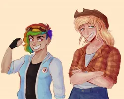 Size: 640x512 | Tagged: safe, artist:pierroid, derpibooru import, applejack, rainbow dash, applejack's hat, blue jeans, clothes, cowboy hat, cream background, crossed arms, cutie mark, cutie mark on clothes, duo, duo female, ear piercing, earring, female, fingerless gloves, gloves, goggles on head, hat, image, jacket, jewelry, jpeg, no pupils, piercing, plaid shirt, reddit, scar, shirt, simple background, straw in mouth, varsity jacket