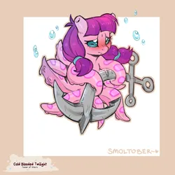 Size: 1200x1200 | Tagged: safe, artist:cold-blooded-twilight, derpibooru import, lily longsocks, monster pony, octopony, original species, pony, squid, anchor, bubble, female, filly, foal, image, pigtails, png, sad, solo, species swap, twintails, underwater, water