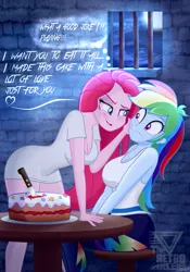 Size: 2130x3048 | Tagged: safe, artist:theretroart88, derpibooru import, pinkie pie, rainbow dash, equestria girls, breasts, cake, food, halloween, holiday, image, jail cell, knife, open mouth, pinkamena diane pie, png