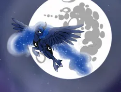 Size: 1151x881 | Tagged: safe, artist:cosmicdragonkay, derpibooru import, princess luna, alicorn, classical unicorn, pony, unicorn, cloven hooves, female, flying, image, jpeg, leonine tail, moon, solo, unshorn fetlocks