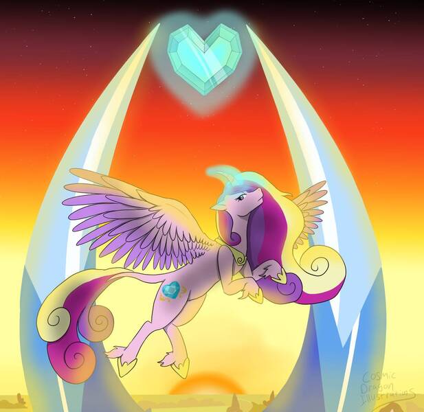 Size: 1414x1376 | Tagged: safe, artist:cosmicdragonkay, derpibooru import, princess cadance, alicorn, classical unicorn, pony, unicorn, cloven hooves, crystal heart, curved horn, female, flying, g4, glow, glowing horn, horn, image, jewelry, jpeg, leonine tail, magic, regalia, solo, spread wings, sun, unshorn fetlocks, wings