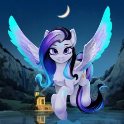 Size: 2500x2500 | Tagged: safe, artist:inowiseei, derpibooru import, oc, unofficial characters only, pegasus, pony, building, canyon, colored wings, crescent moon, female, gazebo, high res, image, lake, looking at you, mare, moon, multicolored wings, night, night sky, pegasus oc, png, sky, smiling, solo, water, waterfall, wings