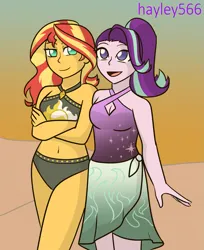 Size: 1789x2196 | Tagged: safe, artist:hayley566, derpibooru import, starlight glimmer, sunset shimmer, equestria girls, beach, beach shorts swimsuit, belly button, bikini, breasts, cleavage, clothes, duo, female, image, png, sarong, sunset, sunset shimmer's beach shorts swimsuit, swimsuit