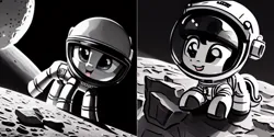 Size: 1024x512 | Tagged: safe, derpibooru import, editor:paracompact, machine learning assisted, machine learning generated, purplesmart.ai, stable diffusion, pony, astronaut, cute, image, monochrome, moon, png, random pony, space helmet