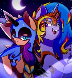 Size: 2772x3000 | Tagged: safe, artist:alexsc112, derpibooru import, izzy moonbow, sunny starscout, earth pony, pony, unicorn, mlp fim's twelfth anniversary, blue eyes, blue mane, digital art, duo, fangs, female, g5, gem, halloween, helmet, high res, holiday, hoof shoes, horn, image, izzybreaker, looking at you, mare, moon, moonlight, night, nightmare sunny, open mouth, peytral, png, purple eyes, raised hoof, sky, smiling, spread wings, wings