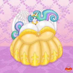 Size: 1280x1280 | Tagged: suggestive, artist:plumpdragon, derpibooru import, princess celestia, alicorn, anthro, big breasts, breasts, cleavage, clothes, dress, gown, hand on breast, huge breasts, hyper, hyper breasts, image, impossibly large breasts, jpeg, looking at you, solo, spread wings, wings