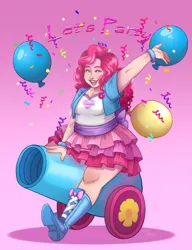 Size: 1250x1630 | Tagged: safe, artist:toxiccolour, derpibooru import, pinkie pie, human, balloon, boots, chubby, clothes, confetti, cute, diapinkes, female, humanized, image, open mouth, party cannon, pink background, png, shirt, shoes, simple background, skirt, solo, t-shirt, vest