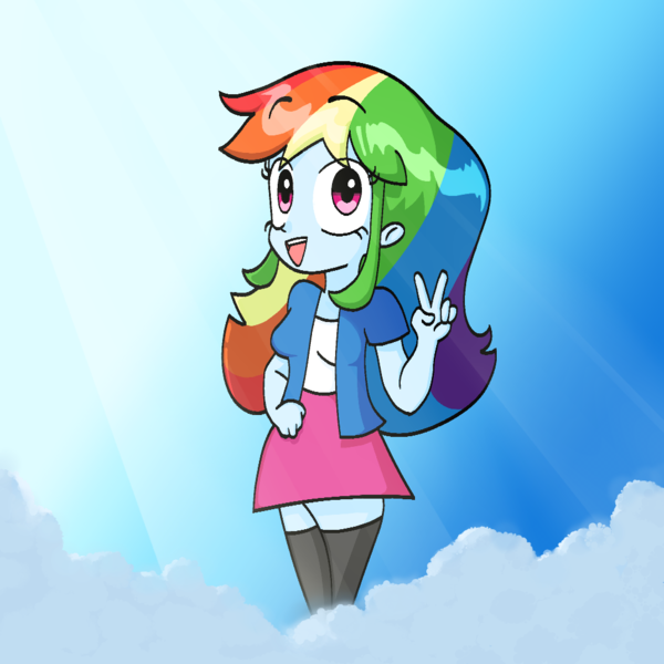 Size: 1000x1000 | Tagged: safe, artist:kidwizard, derpibooru import, rainbow dash, equestria girls, clothes, cloud, crepuscular rays, female, image, open mouth, open smile, peace sign, png, shirt, skirt, smiling, socks, solo, thigh highs