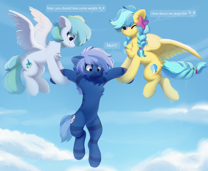 Size: 2372x1956 | Tagged: safe, artist:little-sketches, derpibooru import, oc, oc:dark straw, oc:jeppesen, oc:siriusnavigator, unofficial characters only, hybrid, pegasus, zony, beautiful, braid, braided tail, butt fluff, chest fluff, cloud, cute, feather, flower, flower in hair, flying, image, leg fluff, pegasus oc, png, sky, speech bubble, tail, text, twin braids, wings, zony oc