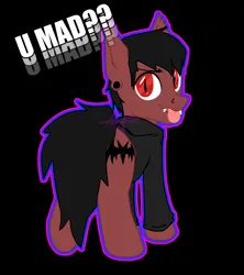 Size: 1368x1539 | Tagged: safe, artist:decaydaance, derpibooru import, oc, bat pony, black background, image, impact font, looking at you, looking back, looking back at you, piercing, png, ponysona, signature, simple background, smug, u mad